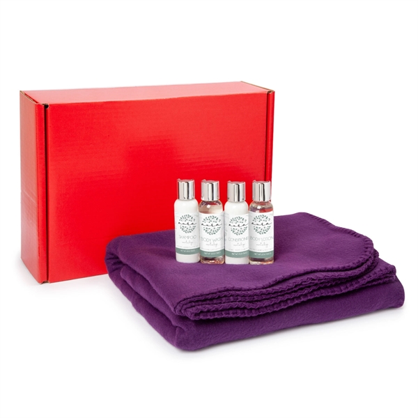 Staycation spa box set with a super-soft fleece blanket and bottles... from ASI 44900 NC Custom (CI/Lanco)