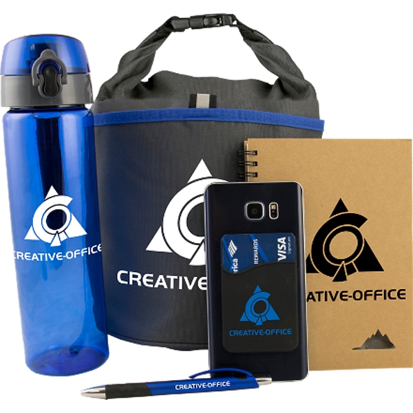 Onboarding kit with a 25-ounce bottle, lid, pen, notebook, and wallet.... from ASI 57653 Gold Bond