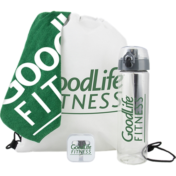 Fitness kit with a drawstring backpack, towel, earbuds, and 25-ounce bottle.... from ASI 57653 Gold Bond
