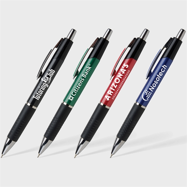 Plunger action ballpoint pen with bright chrome accents, jumbo barrel, ribbed... from ASI 61966 HPG / Hub Pen