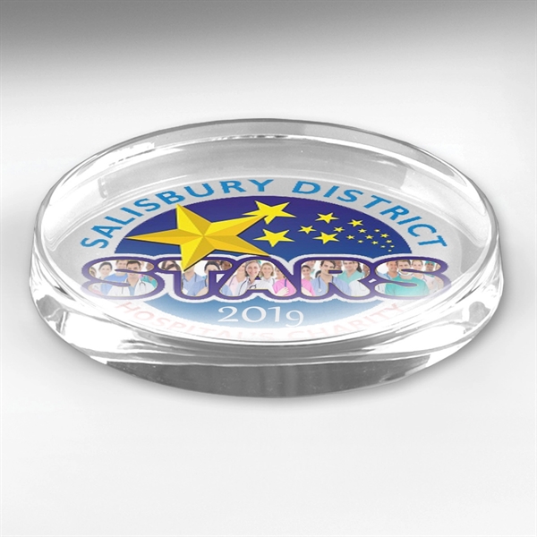 3" x 5" x 3/4" oval-shaped glass paperweight with customization options.... from ASI 62660 Innovation Line