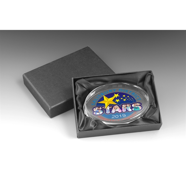 3" x 5" x 3/4" oval-shaped glass paperweight with customization options.... from ASI 62660 Innovation Line