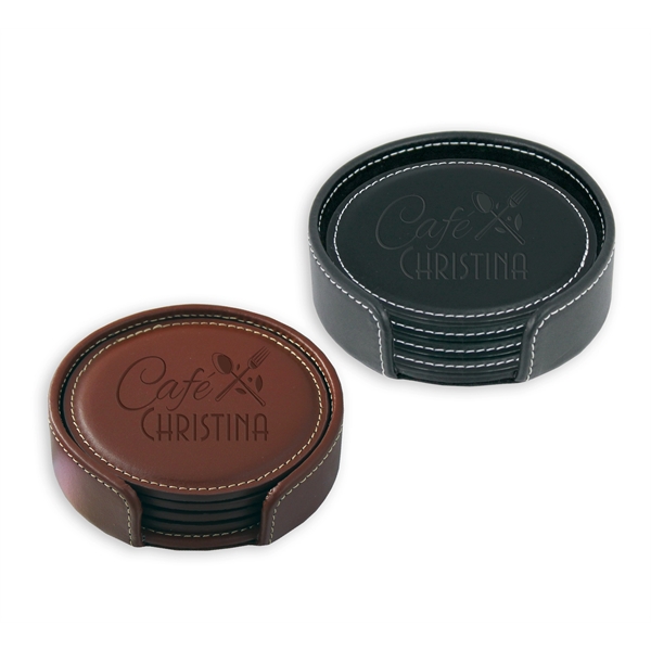 Four 3.87" Diameter round coasters that are made of leather with... from ASI 54040 Fey Promo / Mi Line by Fey