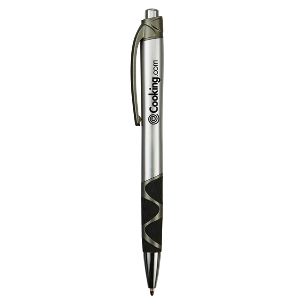 Retractable ballpoint pen with silver barrel, black rubber grip, black ink... from ASI 52840 Evans Manufacturing