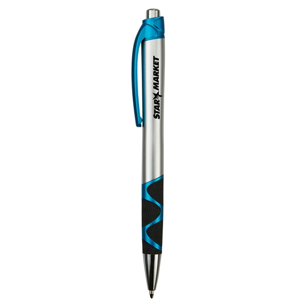 Retractable ballpoint pen with silver barrel, black rubber grip, black ink... from ASI 52840 Evans Manufacturing