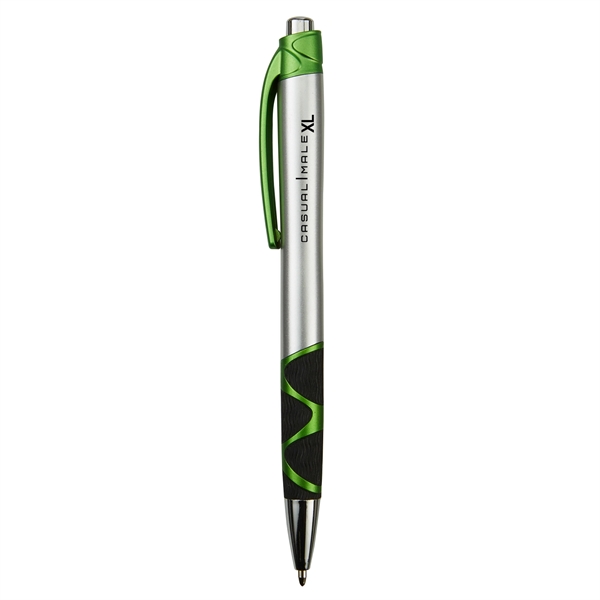 Retractable ballpoint pen with silver barrel, black rubber grip, black ink... from ASI 52840 Evans Manufacturing