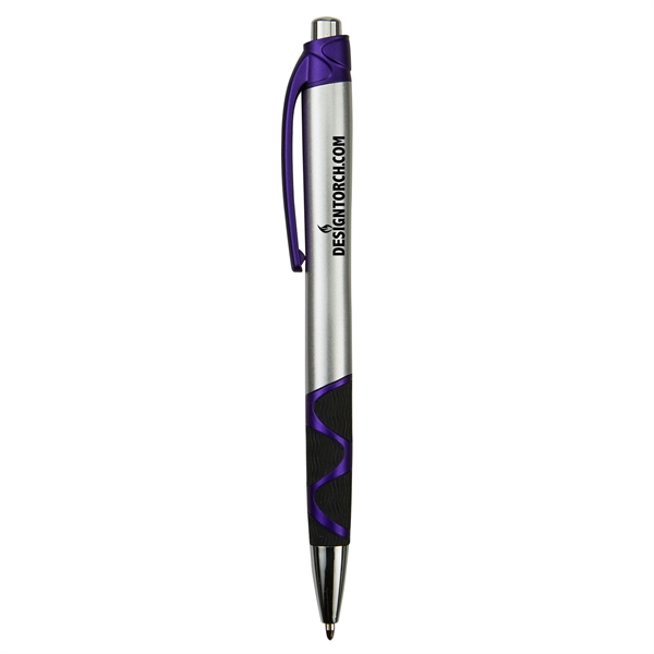 Retractable ballpoint pen with silver barrel, black rubber grip, black ink... from ASI 52840 Evans Manufacturing