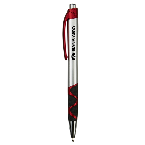 Retractable ballpoint pen with silver barrel, black rubber grip, black ink... from ASI 52840 Evans Manufacturing