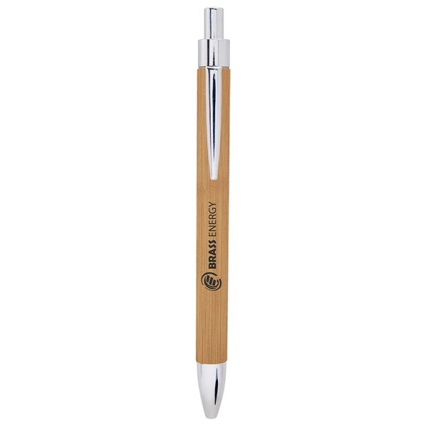 5 5/16" plunger-action bamboo PU leatherette and stainless steel ballpoint pen.... from ASI 74601 Calico