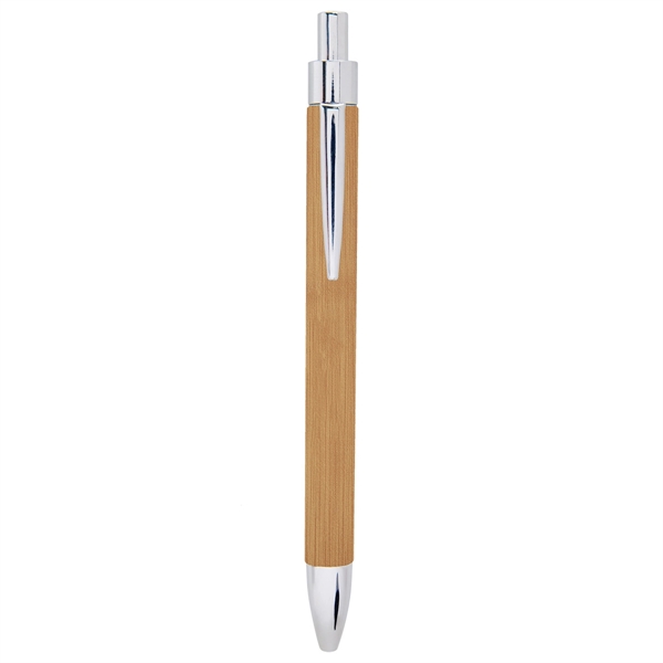 5 5/16" plunger-action bamboo PU leatherette and stainless steel ballpoint pen.... from ASI 74601 Calico