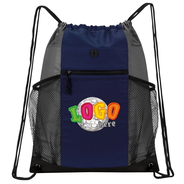 Drawstring backpack with two side mesh pockets and a front zippered... from ASI 46420 Continental Mkting Svc Inc / CMBags