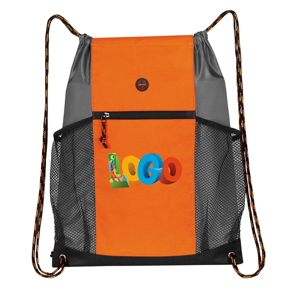 Drawstring backpack with two side mesh pockets and a front zippered... from ASI 46420 Continental Mkting Svc Inc / CMBags