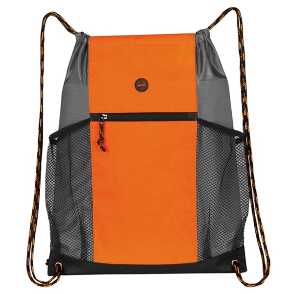 Drawstring backpack with two side mesh pockets and a front zippered... from ASI 46420 Continental Mkting Svc Inc / CMBags