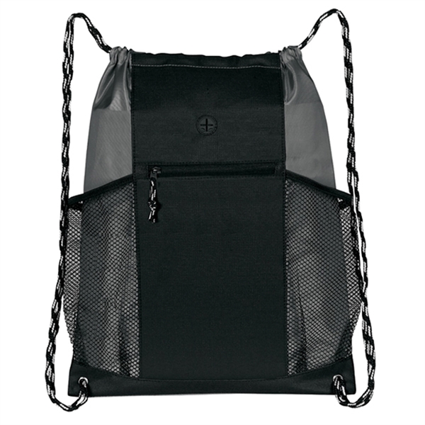 Drawstring backpack with two side mesh pockets and a front zippered... from ASI 46420 Continental Mkting Svc Inc / CMBags