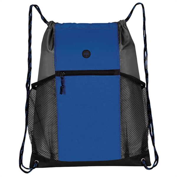 Drawstring backpack with two side mesh pockets and a front zippered... from ASI 46420 Continental Mkting Svc Inc / CMBags
