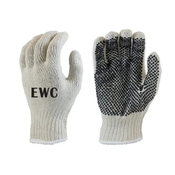 Off white, polyester, string knit glove, screen printed. Black PVC dots... from ASI 79951 Promosafe / Promosafe
