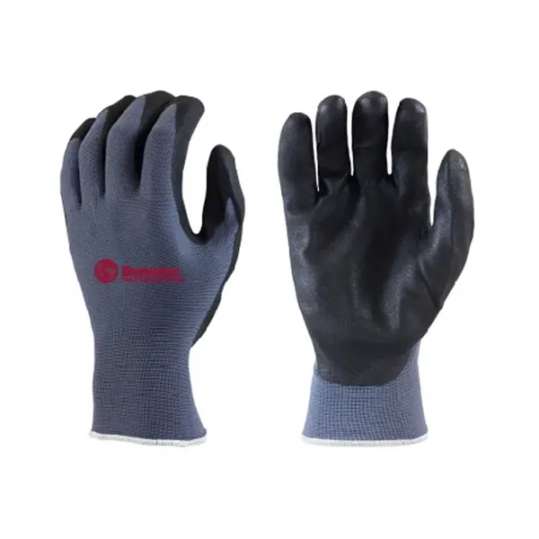 Nitrile dip, work glove, blue shell, black nitrile, screen printed. 12... from ASI 79951 Promosafe / Promosafe