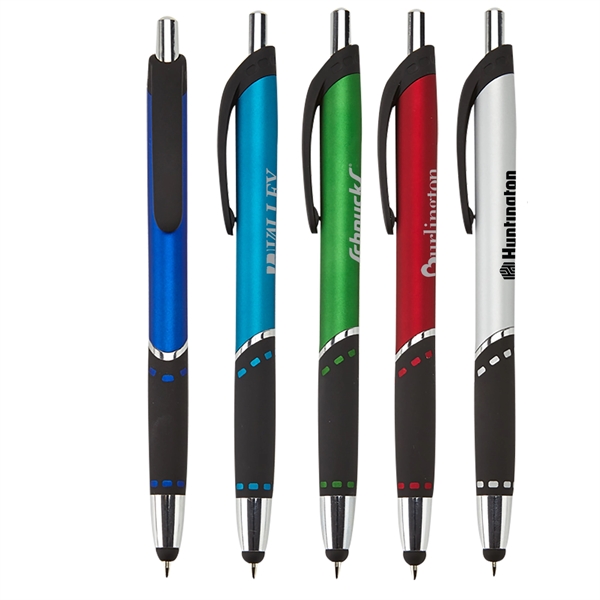 Retractable ballpoint stylus pen with black rubber grip, metallic-colored barrel, chrome... from ASI 52840 Evans Manufacturing