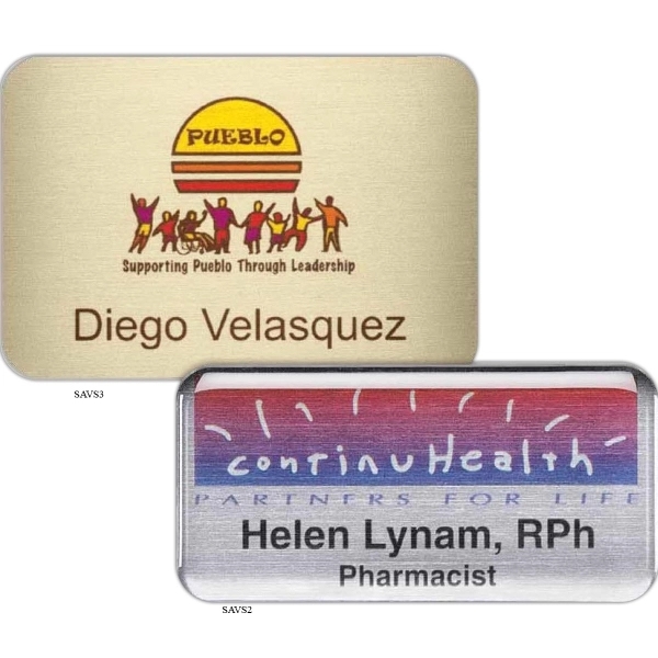 Full color sublimated aluminum name badge with stock pin back, 1"... from ASI 61966 HPG / Beacon Promotions HPG Gold