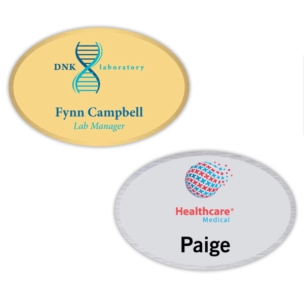 1" x 3" brass framed name badge with frosted center, full-color... from ASI 61966 HPG / Beacon Promotions HPG Gold