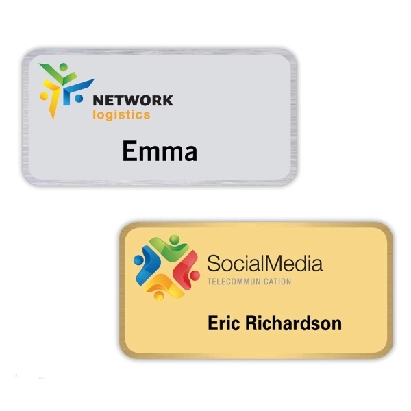 1" x 3" brass framed name badge with frosted center, full-color... from ASI 61966 HPG / Beacon Promotions HPG Gold