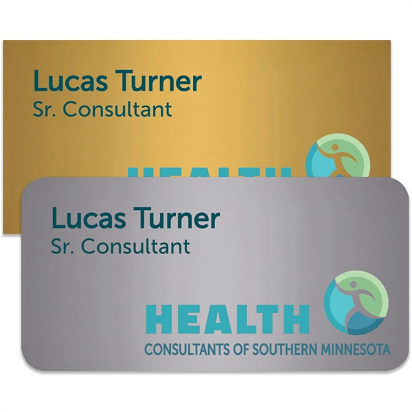 1" x 3" single-ply metallic plastic name badge. Rectangular with rounded... from ASI 61966 HPG / Beacon Promotions HPG Gold