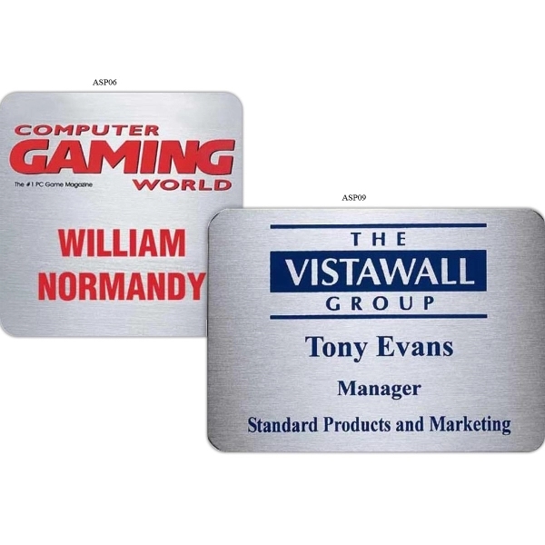 Metal aluminum name badge with pinback, up to 3" square.... from ASI 61966 HPG / Beacon Promotions HPG Gold