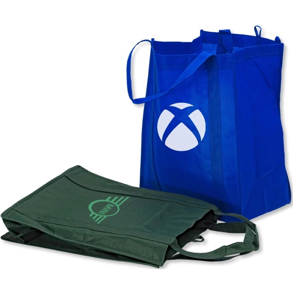 Durable non-woven shopper tote with plastic stability insert. Ideal for groceries,... from ASI 67075 Leprechaun Promotions, LLC