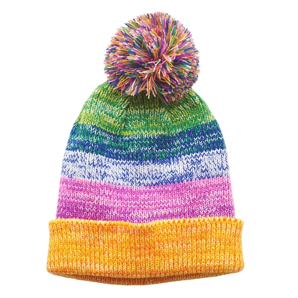 Multi-colored knitted beanie with pompom and wide cuff; one size fits... from ASI 39552 BEL Promo