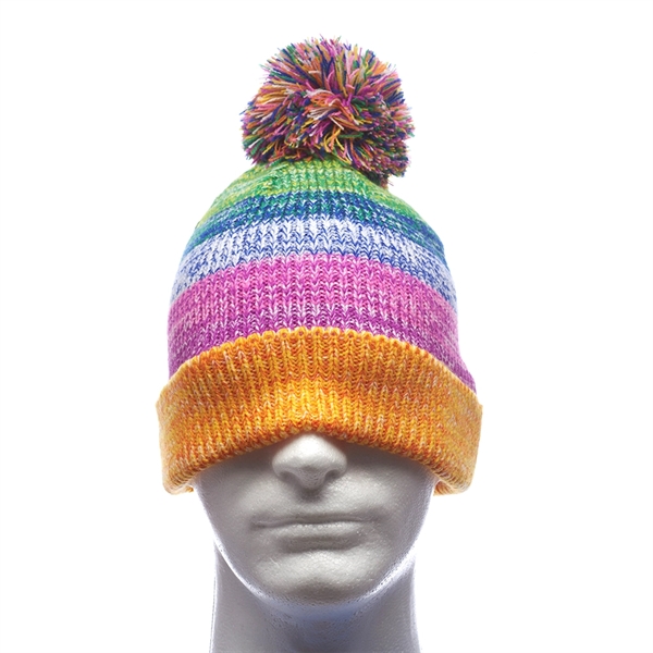 Multi-colored knitted beanie with pompom and wide cuff; one size fits... from ASI 39552 BEL Promo