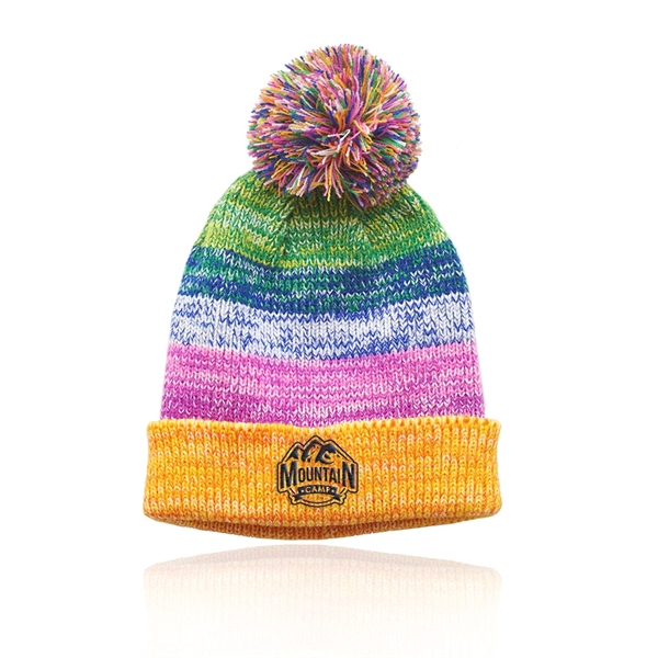 Multi-colored knitted beanie with pompom and wide cuff; one size fits... from ASI 39552 BEL Promo