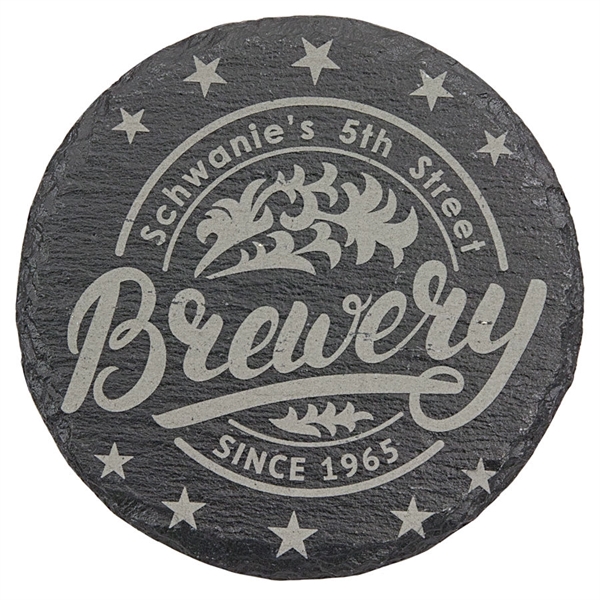 Round Slate Coaster with chipped edges, 4" diameter.... from ASI 72657 Active Life Promo / Apres Ski Ingrain Promo