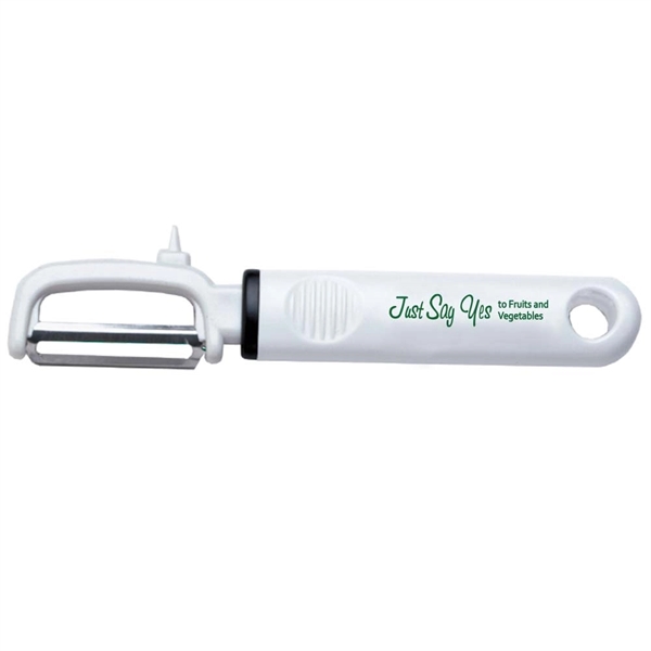 7" peeler with a white plastic handle and metal blades.... from ASI 38120 Ball Pro / Diversified Quality Kitchenware