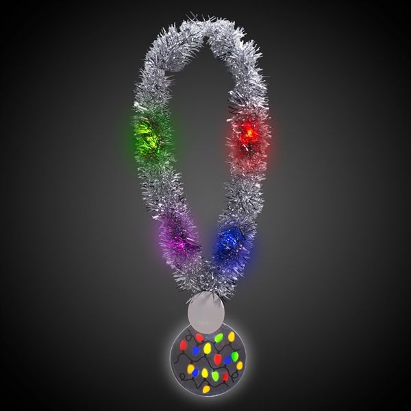 24" silver tinsel necklace with 3.5" medallion and multi-color holiday lights.... from ASI 42016 Brighter Promotions Inc