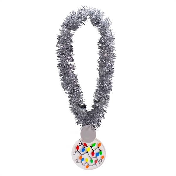 24" silver tinsel necklace with 3.5" medallion and multi-color holiday lights.... from ASI 42016 Brighter Promotions Inc