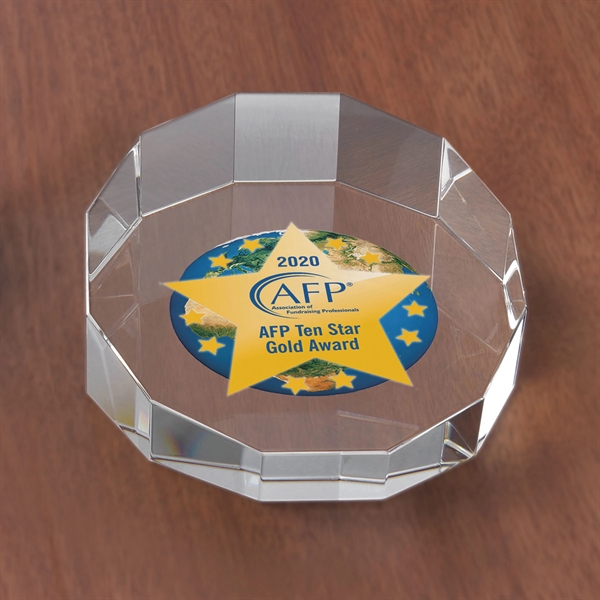 Slanted circle paperweight with faceted edges and customization.... from ASI 71920 Moderne Glass Company Inc / Glass America®