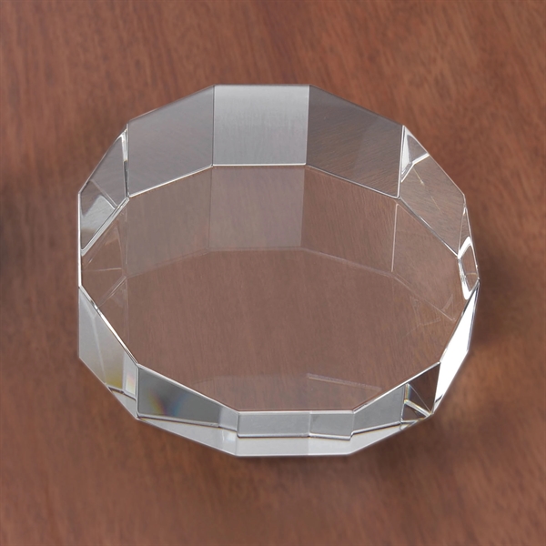 Slanted circle paperweight with faceted edges and customization.... from ASI 71920 Moderne Glass Company Inc / Glass America®