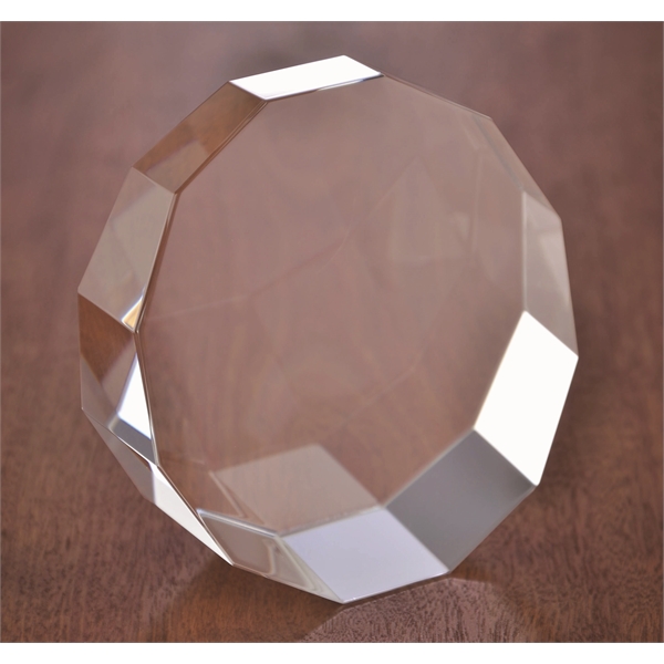 Slanted circle paperweight with faceted edges and customization.... from ASI 71920 Moderne Glass Company Inc / Glass America®