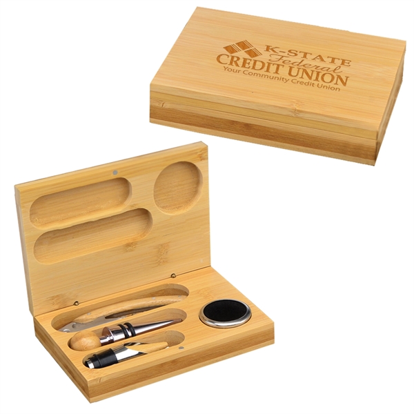 Wine set in a bamboo box with foam insert that holds... from ASI 71920 Moderne Glass Company Inc