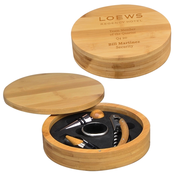 Bamboo box with foam insert that holds a stainless steel corkscrew,... from ASI 71920 Moderne Glass Company Inc