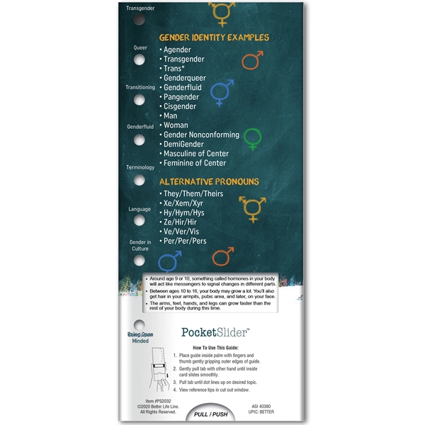 Pocket slider that outlines the basics of understanding gender identities.... from ASI 54100 Fields Manufacturing Inc / Better Life Line