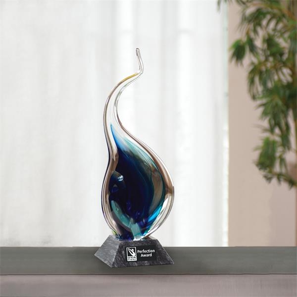 Flame shaped glass sculpture with blue hues and a customizable marble... from ASI 68507 The Magnet Group / Benchmark Crystal & Clocks