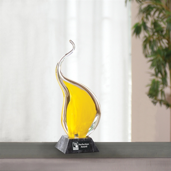 Yellow glass sculpture handcrafted with a customizable marble base.... from ASI 68507 The Magnet Group / Benchmark Crystal & Clocks