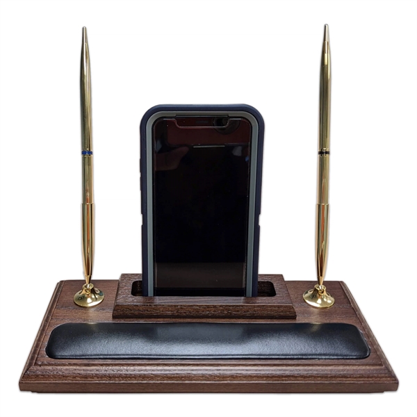 Walnut and leather pen stand with a cell phone holder and... from ASI 48125 Dacasso / DaCasso