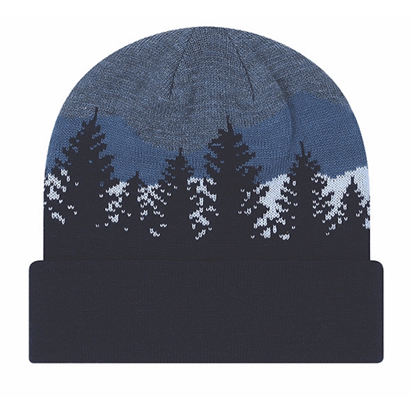 Knit cuffed 12" beanie with jacquard forest scene.... from ASI 80129 Quake City Caps