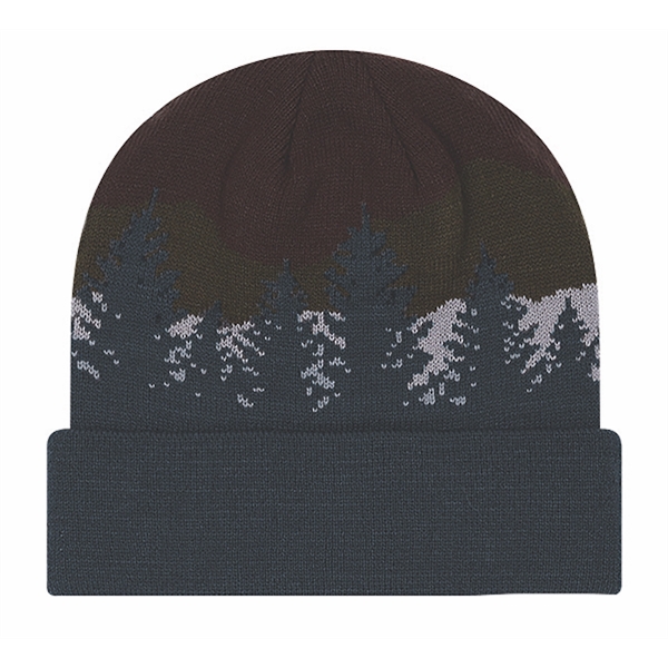 Knit cuffed 12" beanie with jacquard forest scene.... from ASI 80129 Quake City Caps