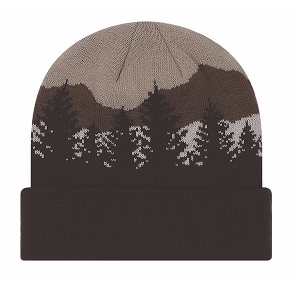 Knit cuffed 12" beanie with jacquard forest scene.... from ASI 80129 Quake City Caps