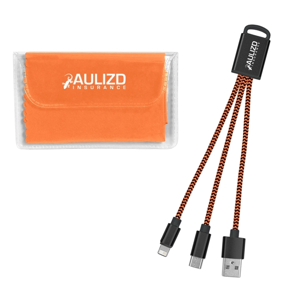 Charging buddy kit with 3-in-1 braided connectors and a microfiber cloth... from ASI 61125 Hit Promotional Products / Hit®