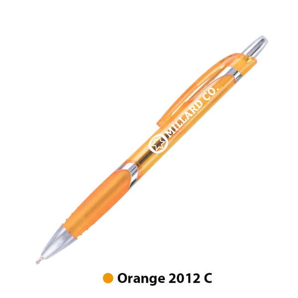 5.67" x 0.45" x 1.41" plastic plunger-action pen with metallic trim,... from ASI 62088 IDProductsource