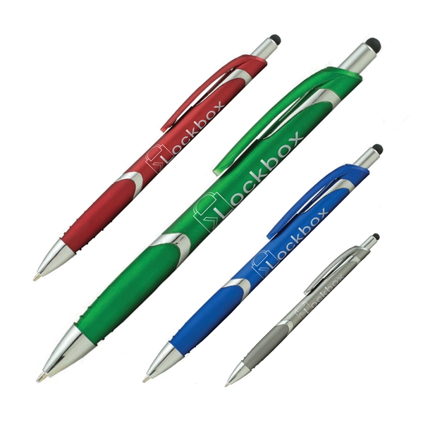 Metallic plunger-action ballpoint pen with device stylus.... from ASI 62088 IDProductsource